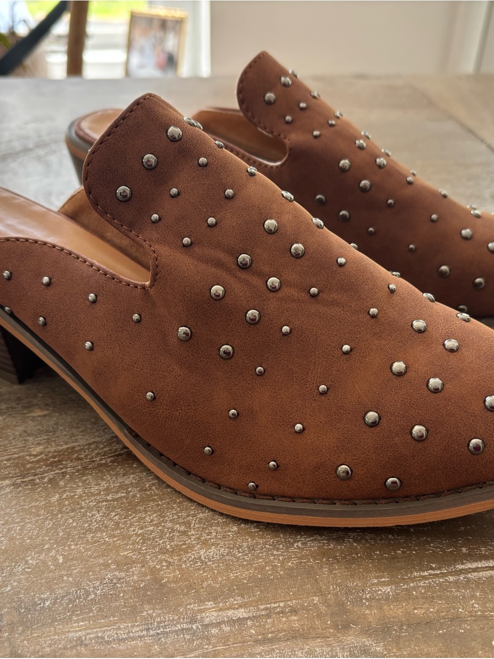 Studded Brown Suede Mule Slides